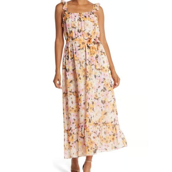 Donna Morgan Multicolor Floral Print Belted Crepe Ruffle Maxi Dress 12 - Picture 1 of 7
